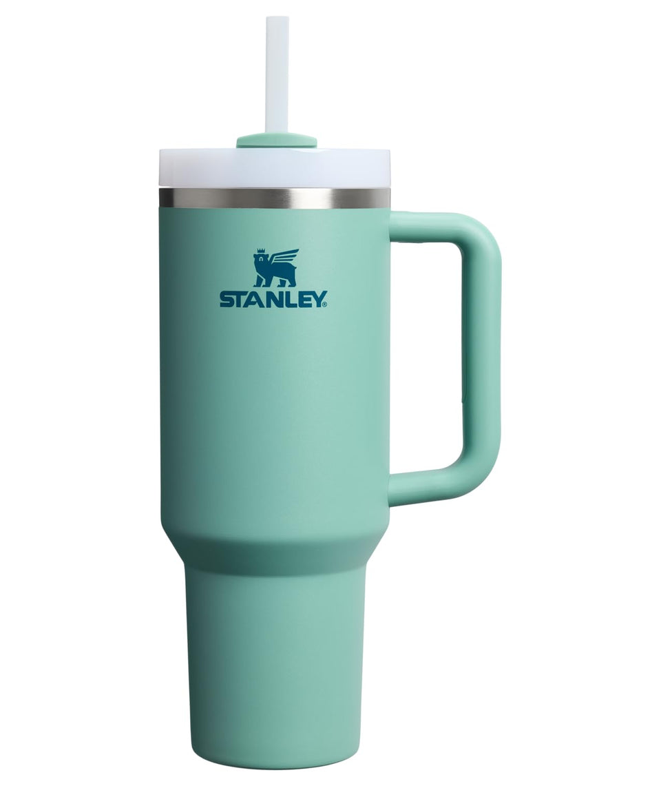 Stanley Quencher H2.0 with handle and straw keeps beverages cold for hours and fits cup holders.