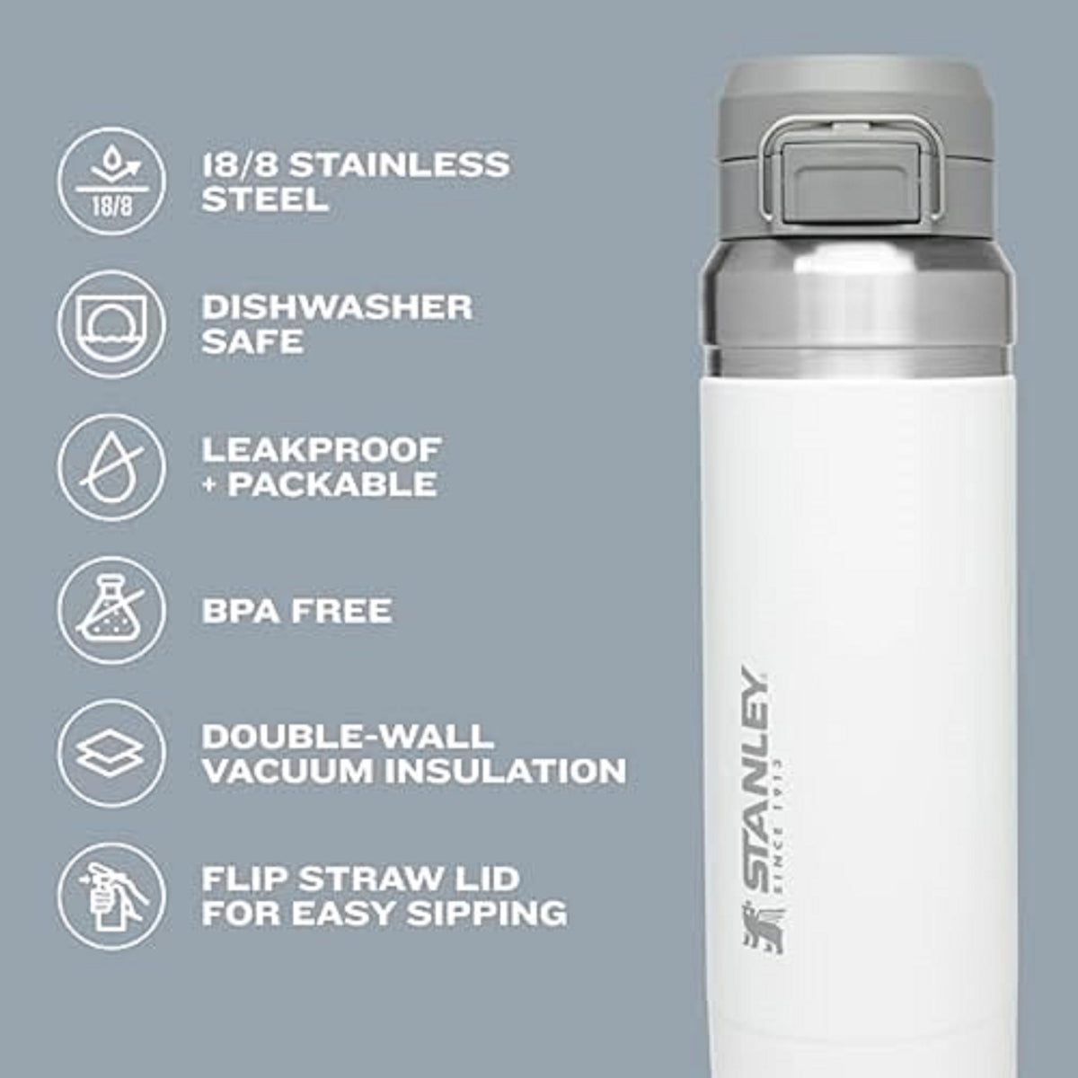 Stanley Quick Flip GO bottle double-wall insulation keeps drinks at temp.