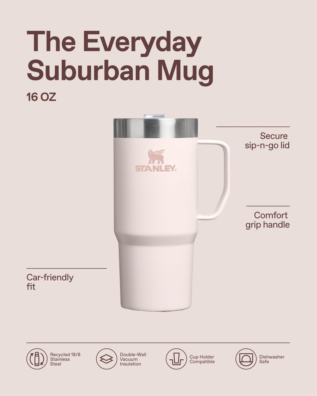 STANLEY Suburban Mug drink-thru lid close-up showing splash resistance.
