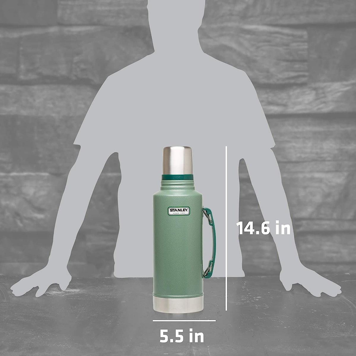 STANLEY vacuum bottle in hammertone green, durable stainless steel for travel use.