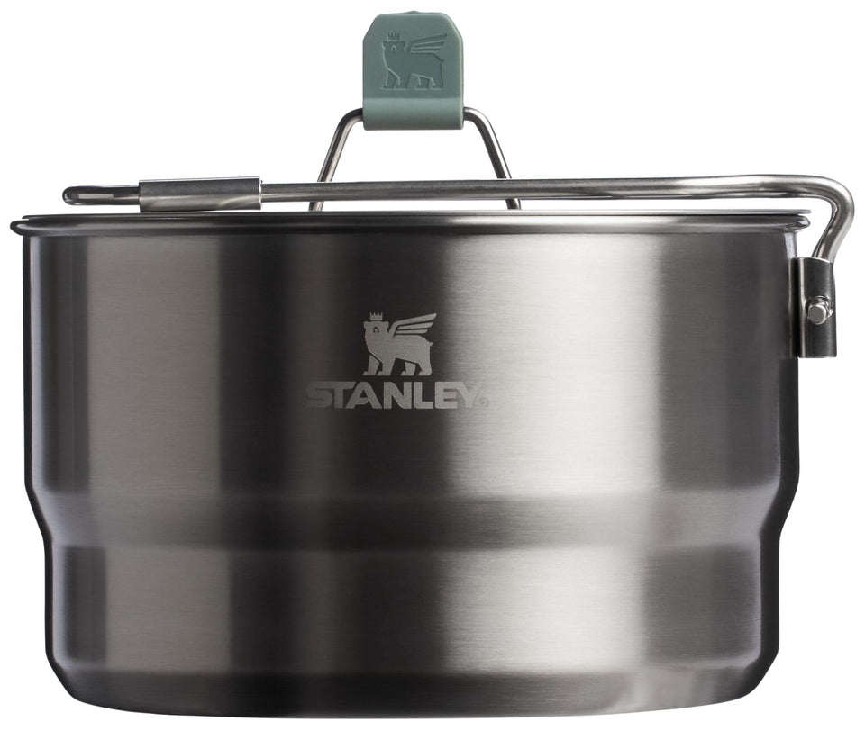 Stanley Wildfare Go 14-piece saucepan with fold-lock handle for compact camping cooking.