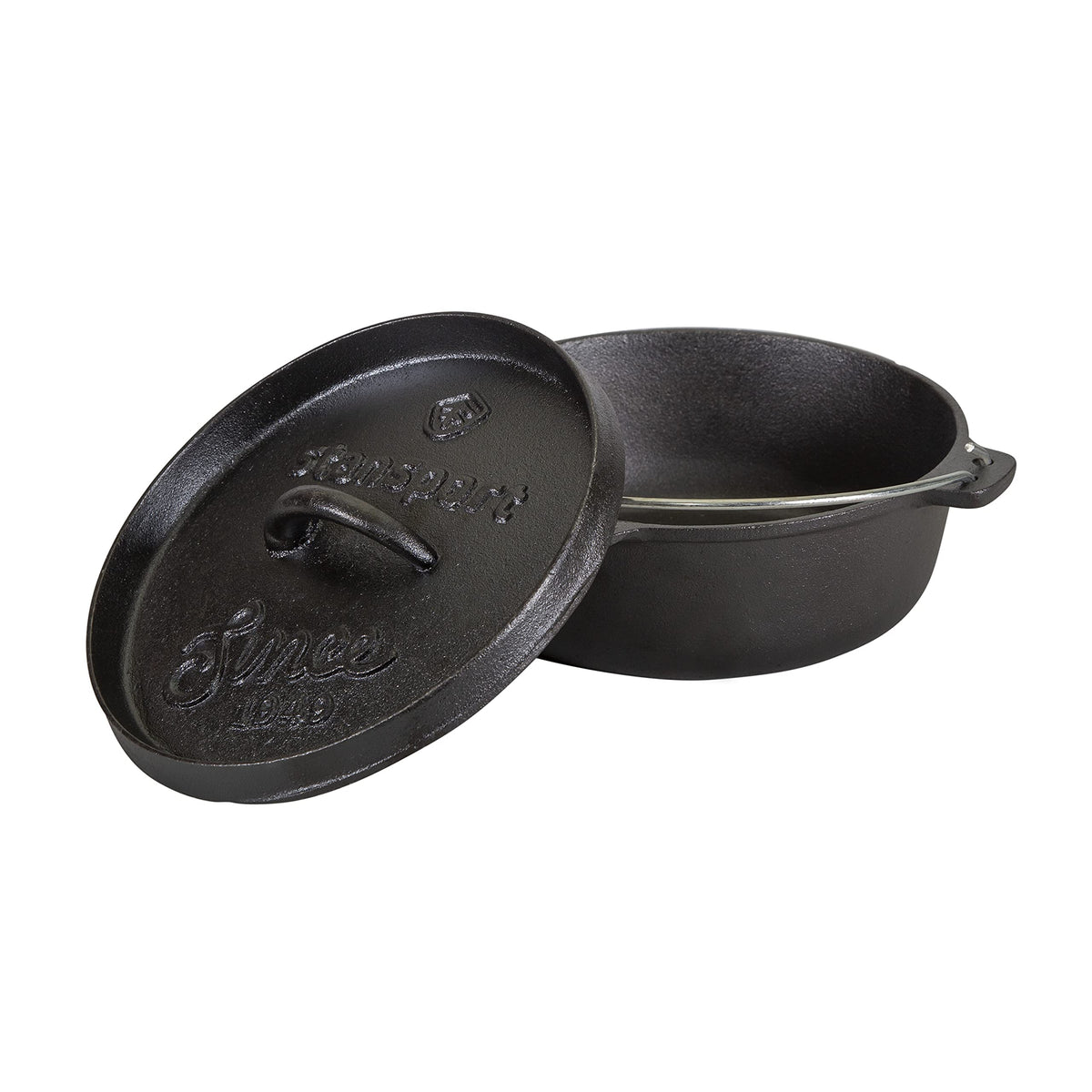 Stansport 2 Qt Dutch Oven flat bottom with secure handle for transport