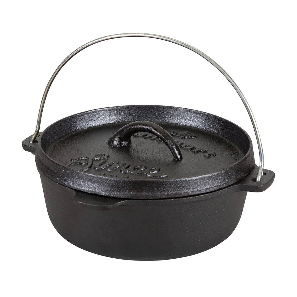 Stansport 2 Qt Dutch Oven with flat bottom and lid on for even cooking at camp