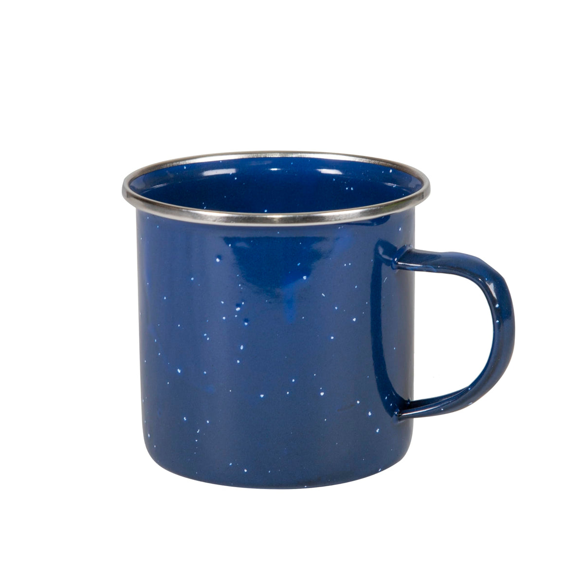 Stansport enamel mug 12oz blue front view, rugged outdoor coffee companion.