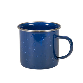 Stansport enamel mug 12oz blue front view, rugged outdoor coffee companion.