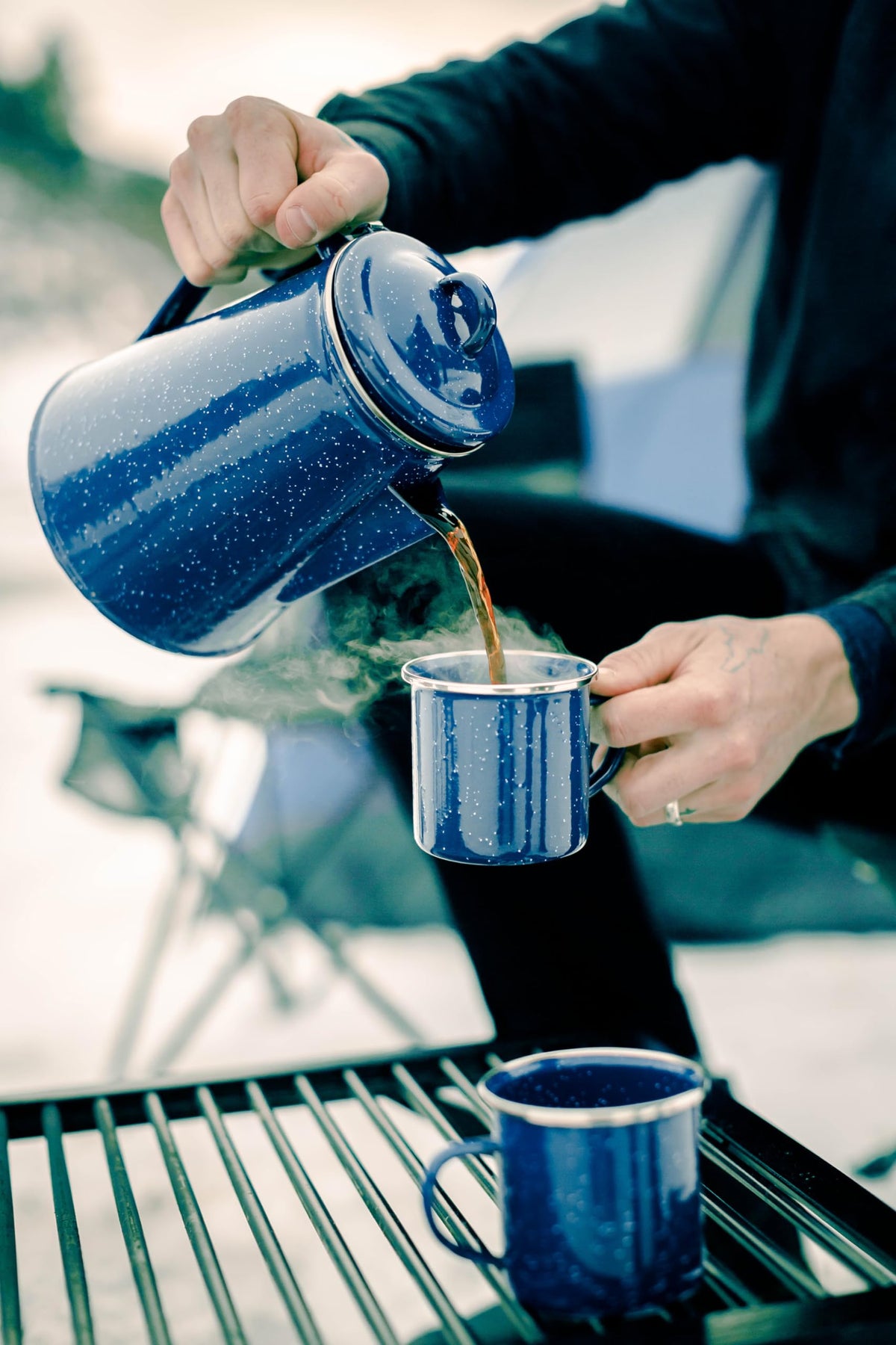 Stansport enamel mug 12oz blue close-up of handle for sturdy grip.