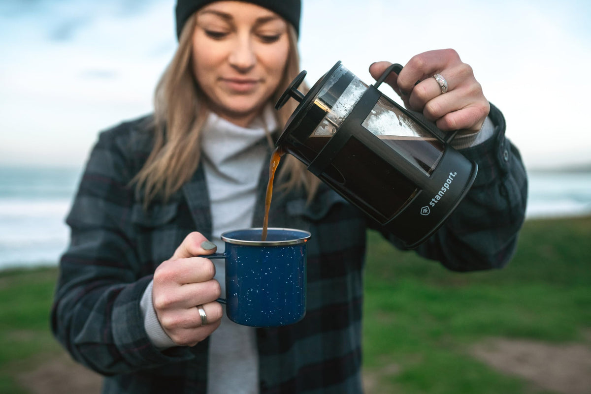 Stansport enamel mug blue rim detail shows durable steel rim.