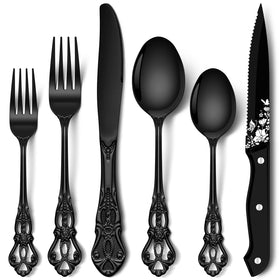 Stapava 48-piece black silverware set for eight, ideal for daily meals and entertaining.