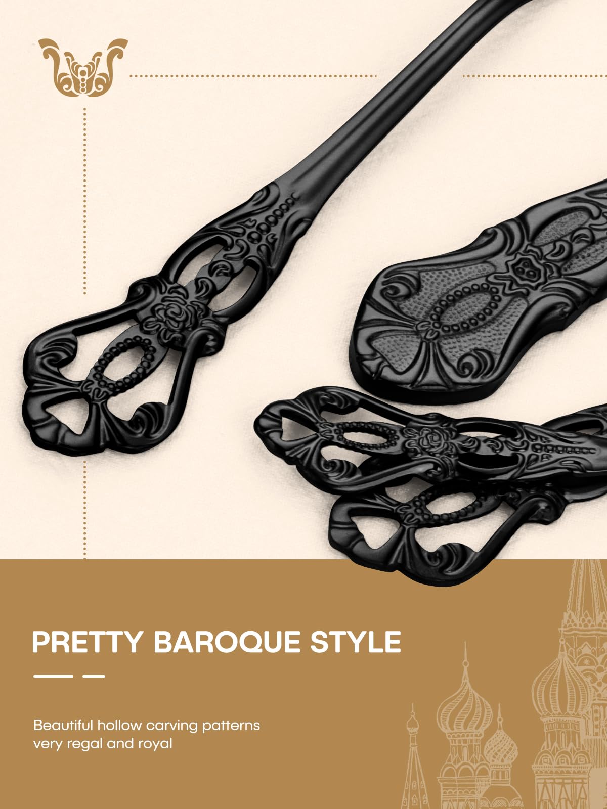 Stapava baroque-style black flatware with mirror finish elevates dining aesthetics.