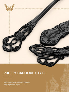 Stapava baroque-style black flatware with mirror finish elevates dining aesthetics.