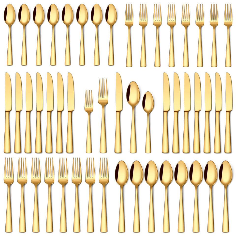 Stapava 40-piece gold silverware set full collection on a dining table for an elegant gathering