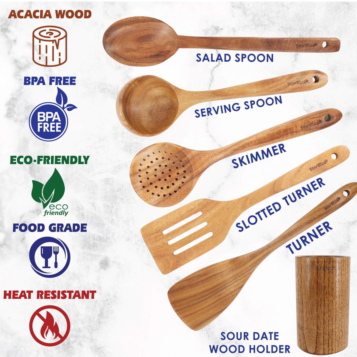 StarBlue acacia wood serving spoon adds natural warmth to meals.