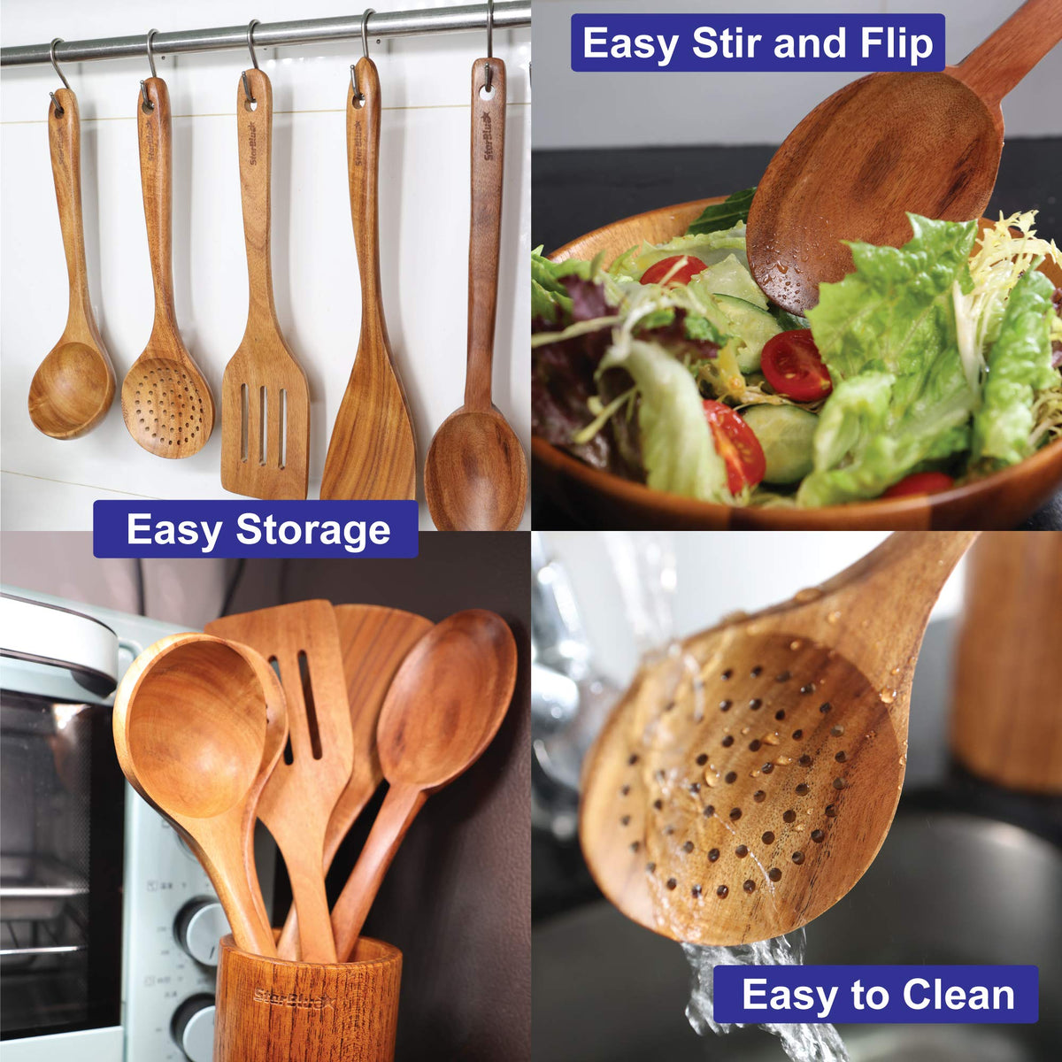 StarBlue acacia wood slotted turner for nonstick pans and drainage.