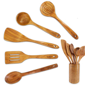 StarBlue acacia wood utensils set with holder keeps counter organized and stylish.