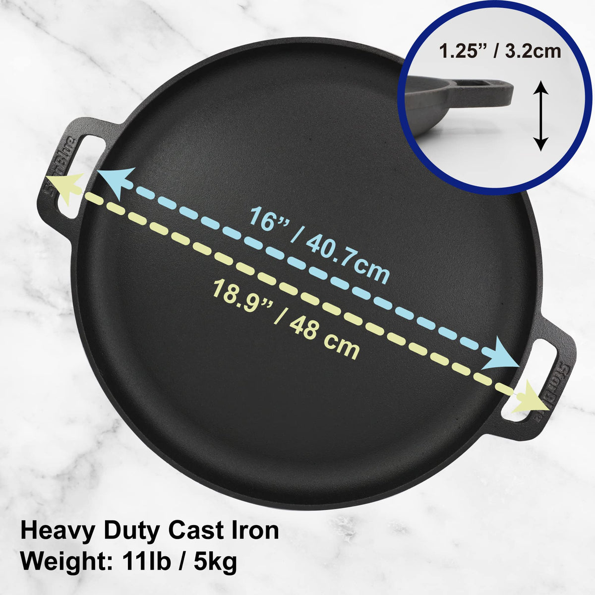 StarBlue cast-iron round pan with silicone handles for safe, comfortable grip.