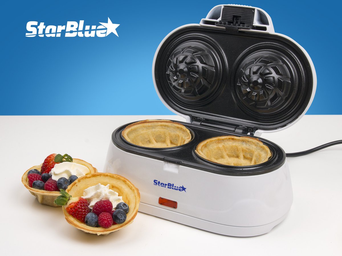 StarBlue double waffle bowl maker, white back view with accessible controls.