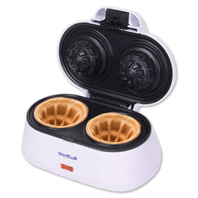 StarBlue double waffle bowl maker, white front view, dual trays for quick, shareable waffles.