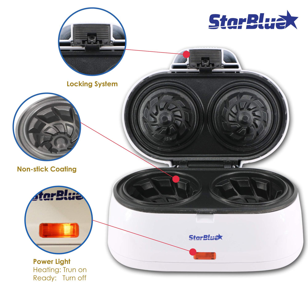 StarBlue double waffle bowl maker, white top view, compact layout for efficient kitchen use.