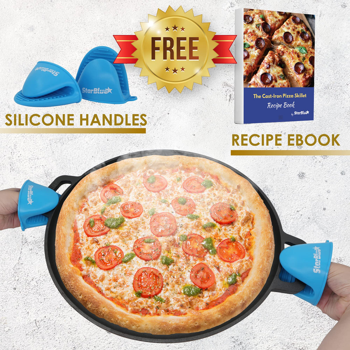 StarBlue silicone handles for pizza pan help protect hands during transfer.