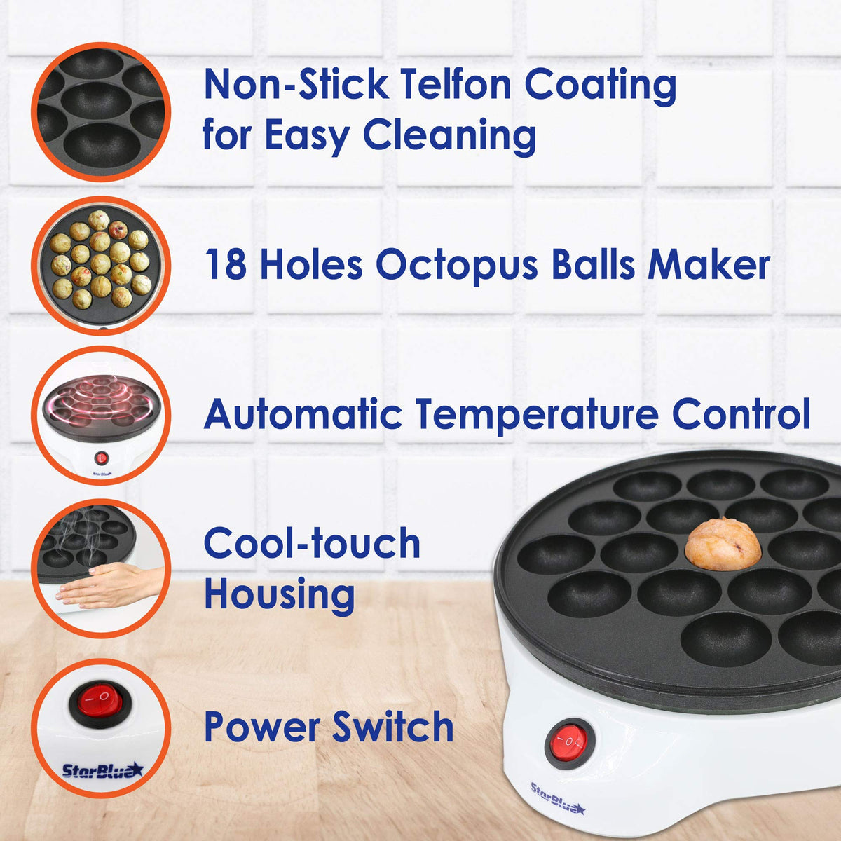 StarBlue Takoyaki Maker empty molds demonstrate ready-to-use setup for party batches.