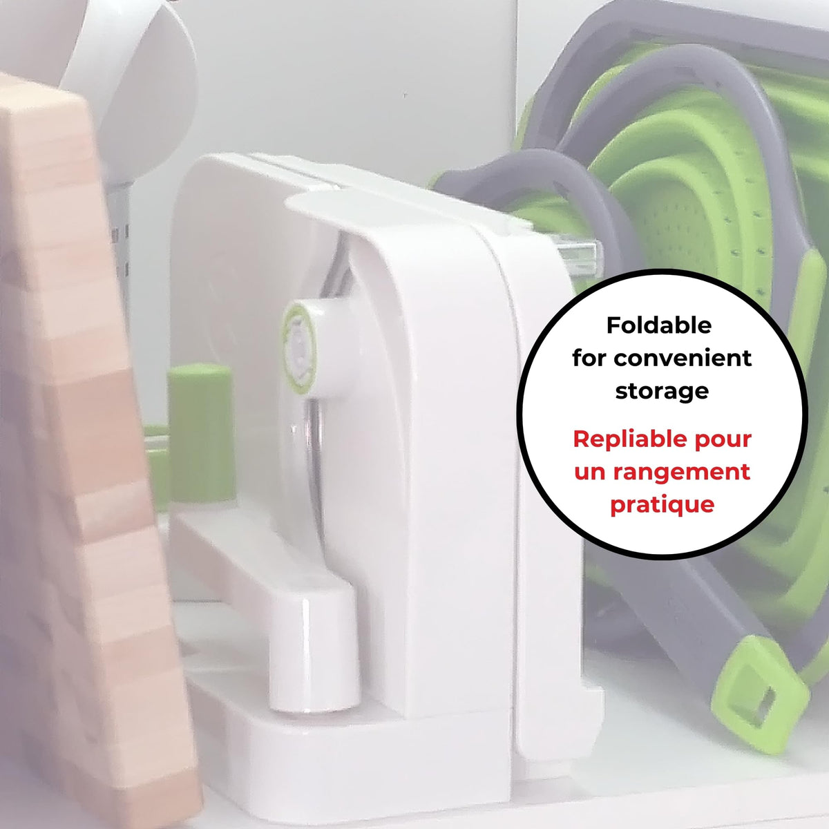 Starfrit Deli Slicer foldable design fits compact kitchens and easy nesting.