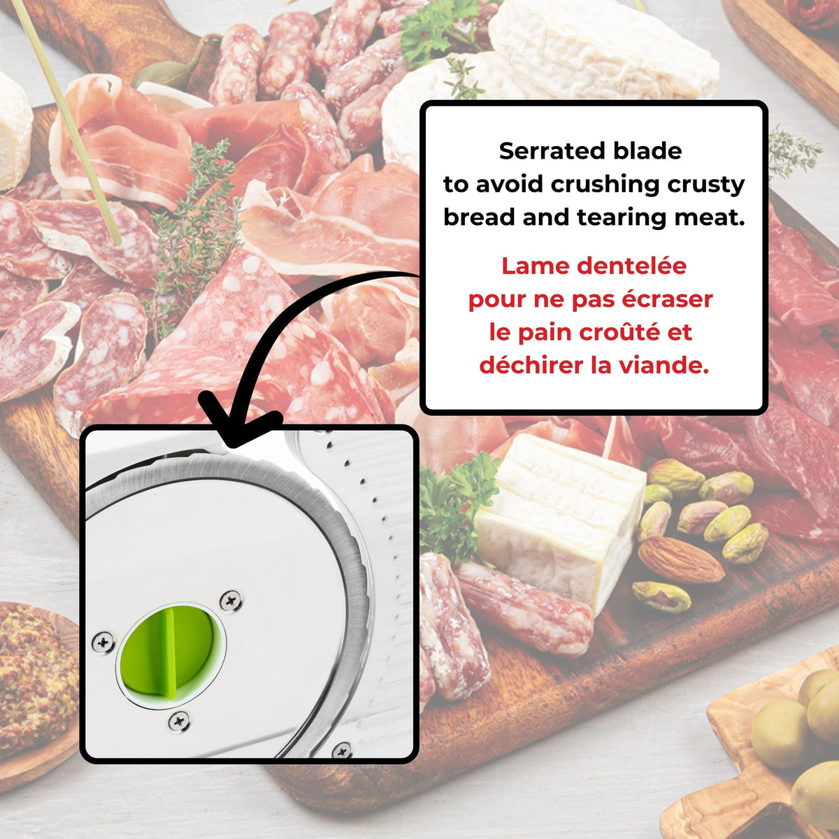 Starfrit Deli Slicer safety features including food pusher for safe handling.