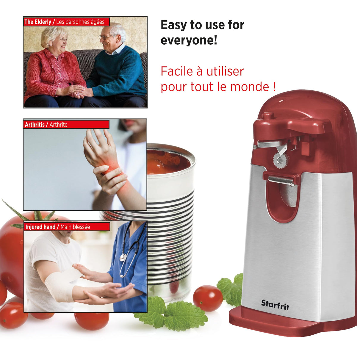 Starfrit MightiCan ergonomic design supports arthritic hands during use.