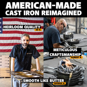 Stargazer skillet showcases USA craftsmanship with preseasoned, polished finish.