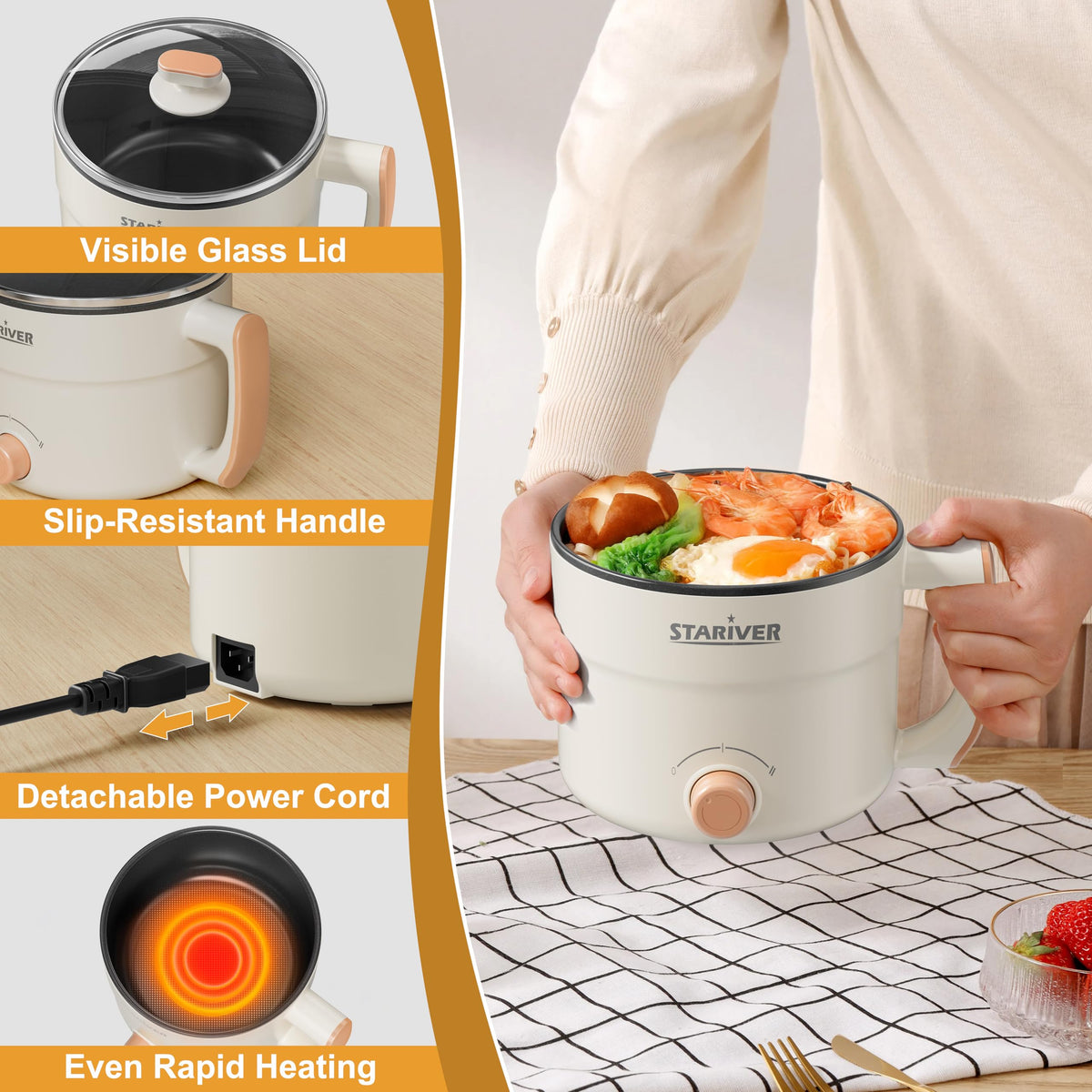 Stariver 1.5L hot pot glass lid with steam vent enables controlled cooking.