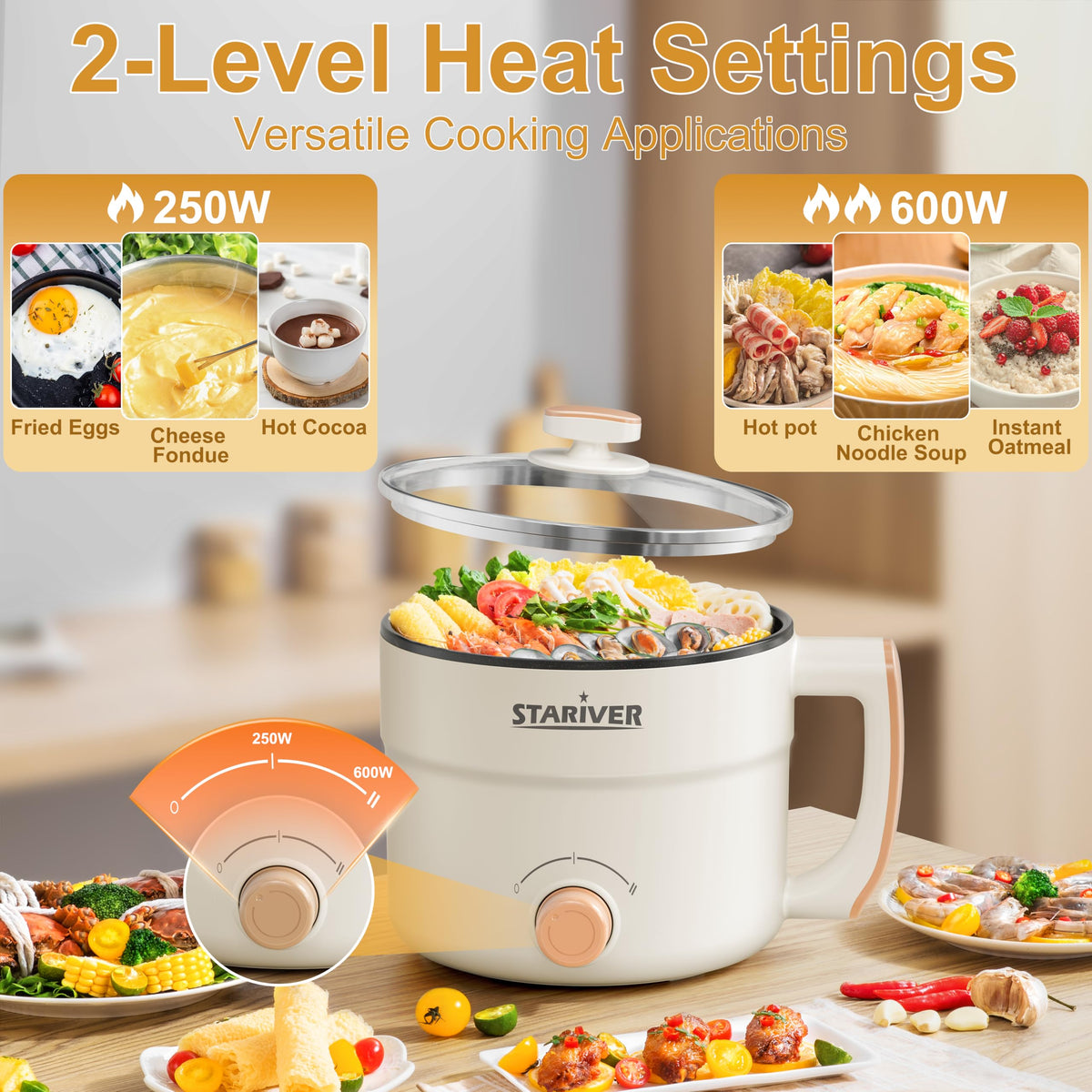Stariver 1.5L hot pot simmer and boil view shows quick meal options for dorm life.