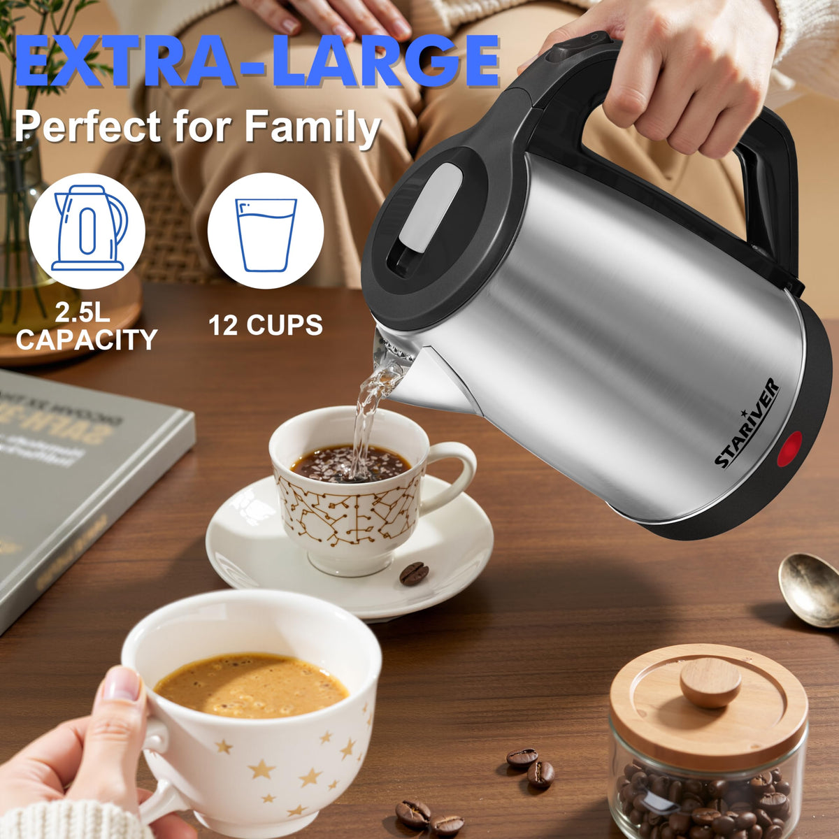 Stariver 2.5L kettle stainless steel body for durable performance.