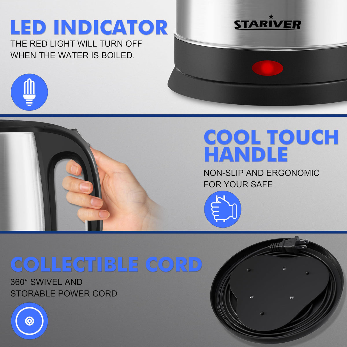 Stariver 2.5L kettle lid open for easy filling.