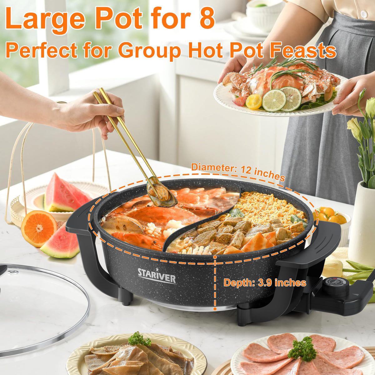 Stariver dual-flavor setup enables separate spicy and mild broths for gatherings.