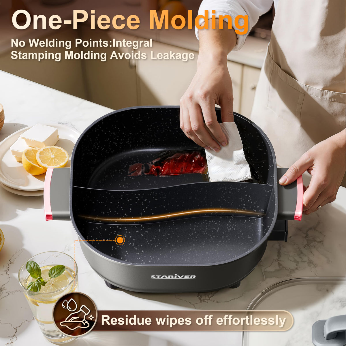 Stariver square pot design simplifies stirring and flipping ingredients.