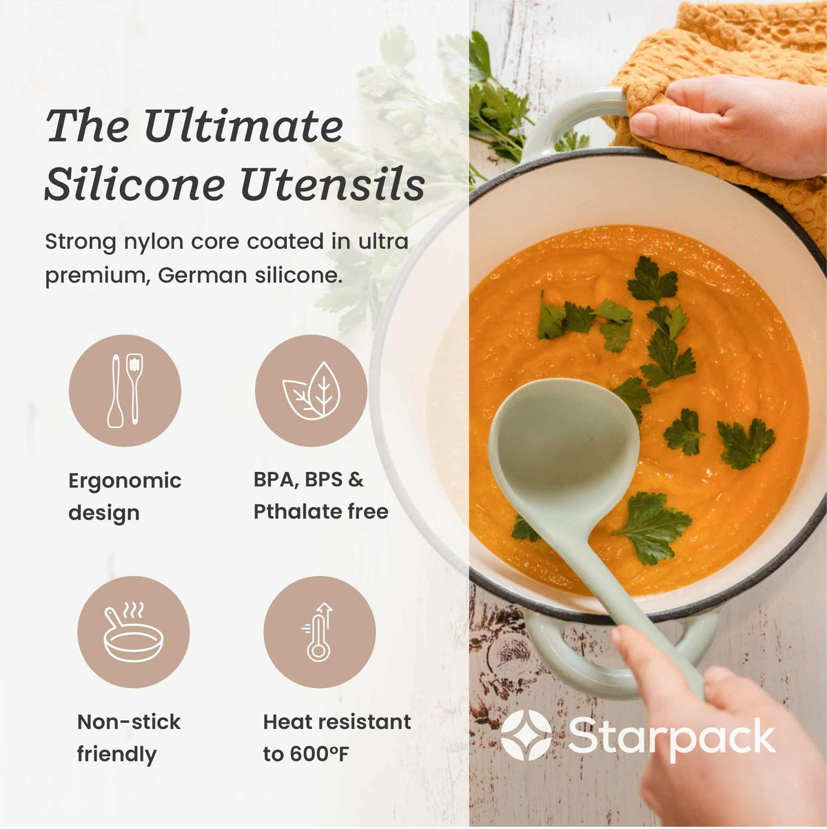 StarPack Home Stir and Serve spoonula image shows durable silicone and ergonomic handle