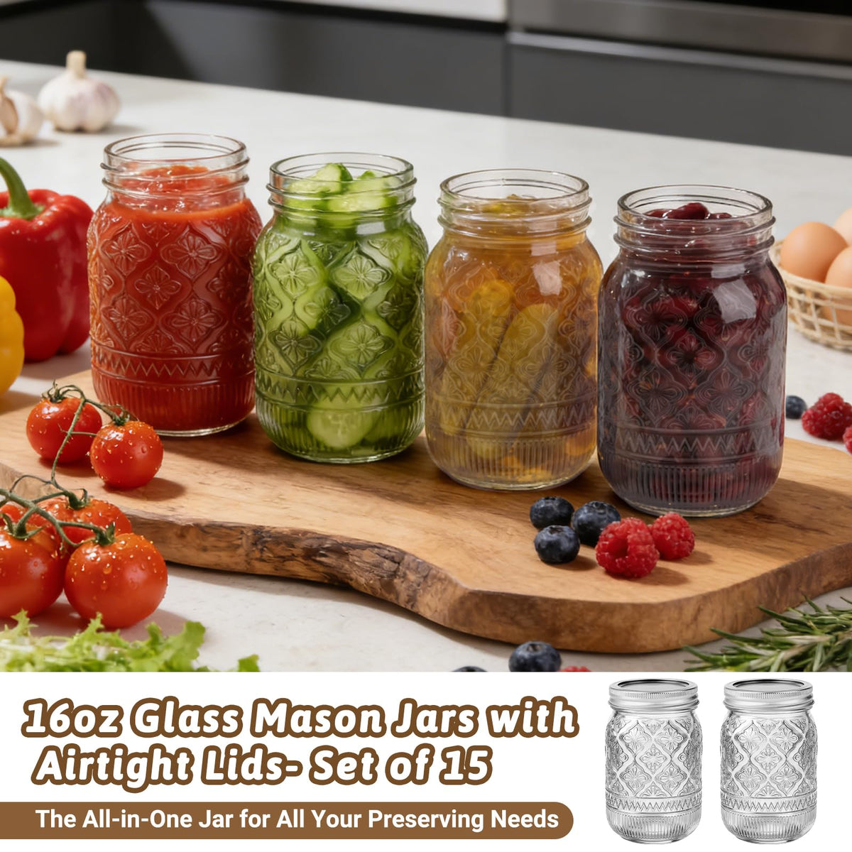 STARSIDE 16oz embossed mason jar regular mouth lids and bands for airtight storage