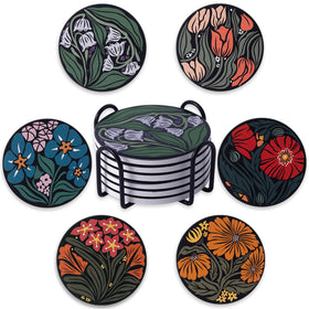 Staruby ceramic round coasters with blooming floral pattern protect surfaces.