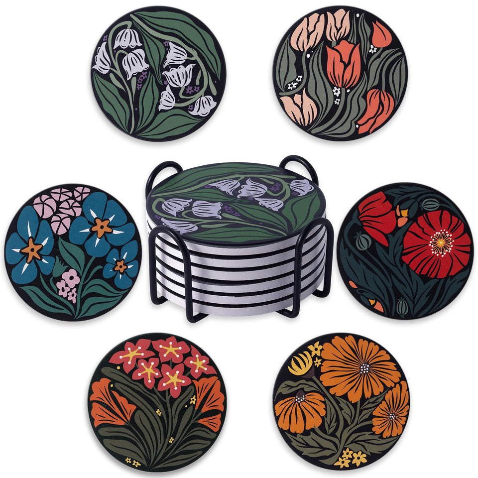 Staruby ceramic round coasters with blooming floral pattern protect surfaces.