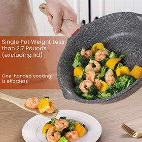 Starunder wood-grain handle stays cool and comfortable during sizzling meals.