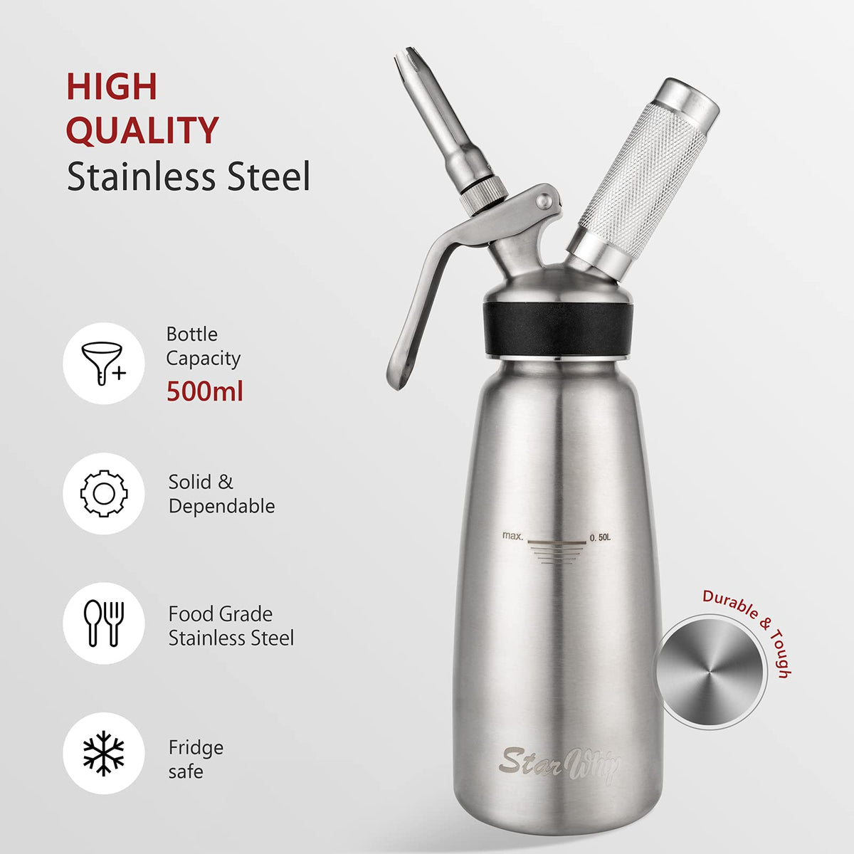 StarWhip cap and body in 304 stainless steel showcase professional-grade construction.