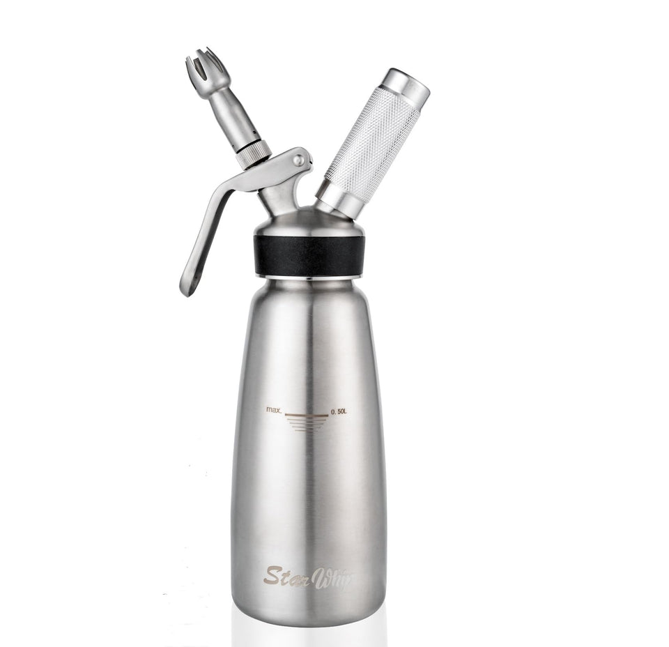 StarWhip professional dispenser shown in window box for cafe-grade whipped cream at home.