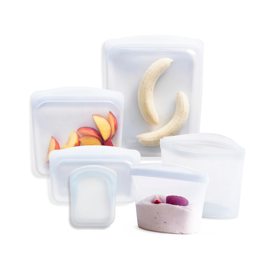 Stasher 6-pack clear bags for organized, eco-friendly kitchen storage.