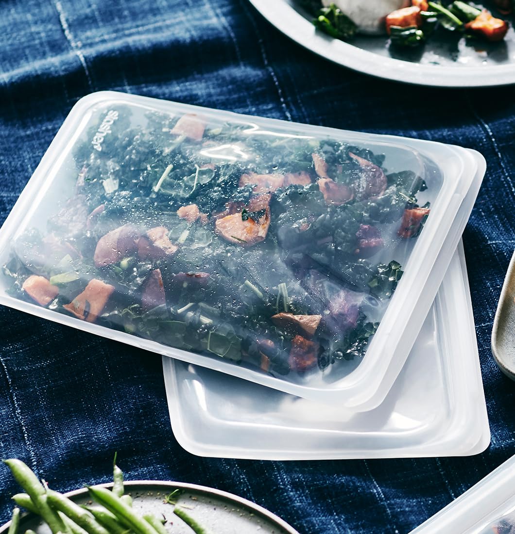 Stasher bag in freezer for durable frozen storage of bulk ingredients.