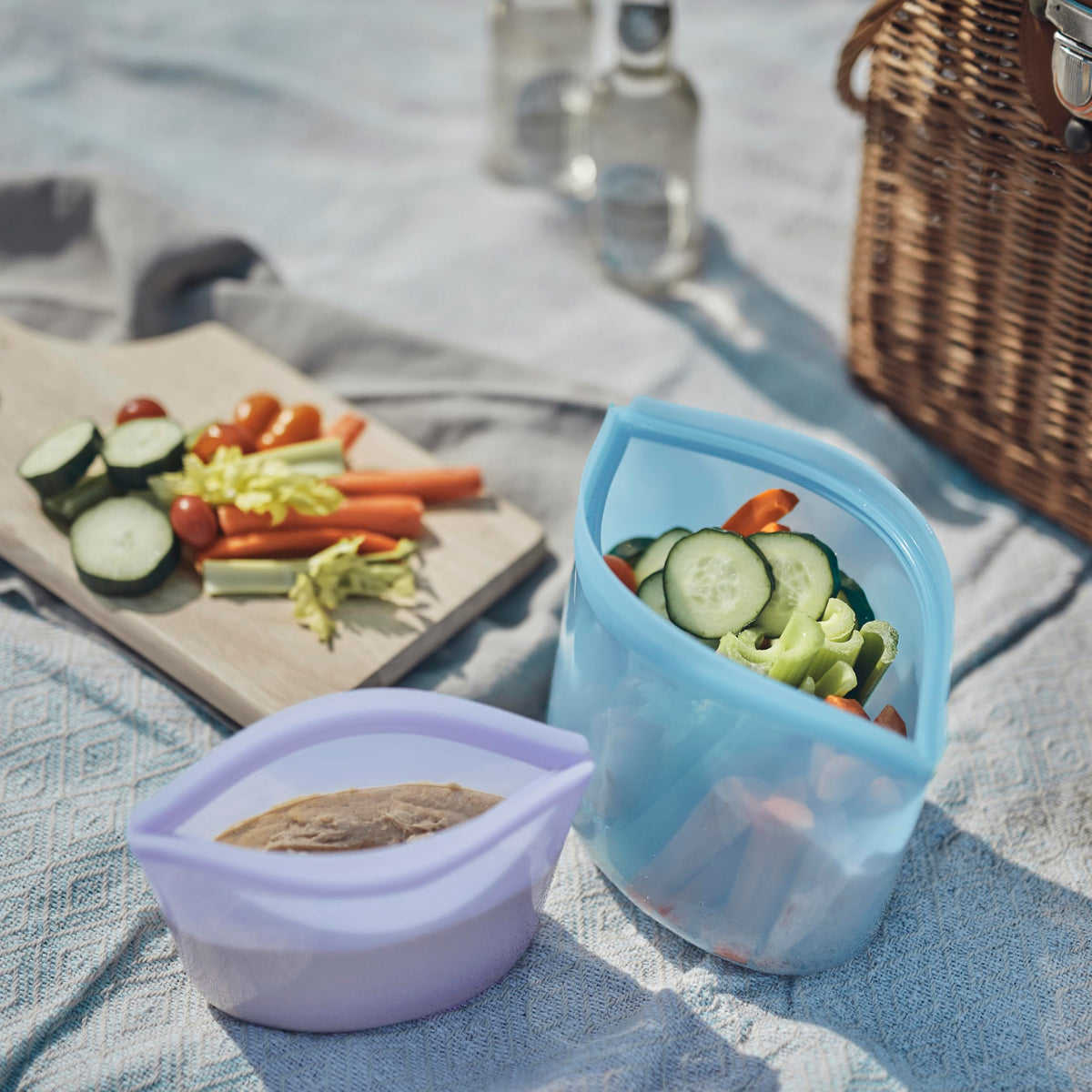 Stasher blue 8oz cup for compact portions and easy meal prep.