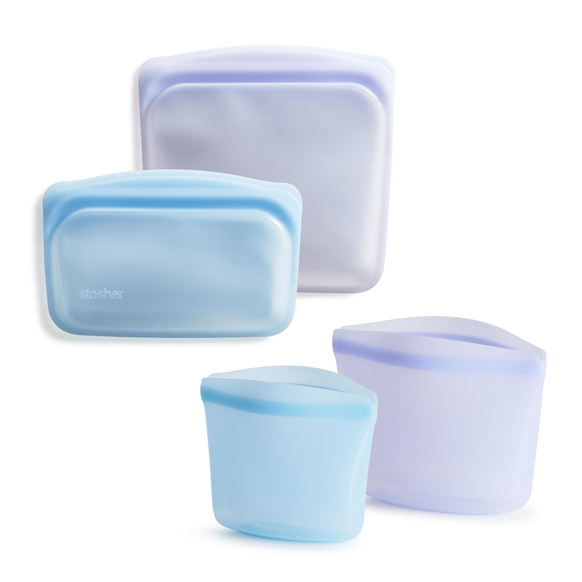 Stasher blue sandwich bag with Pinch-Loc seal for leak-free lunch storage.