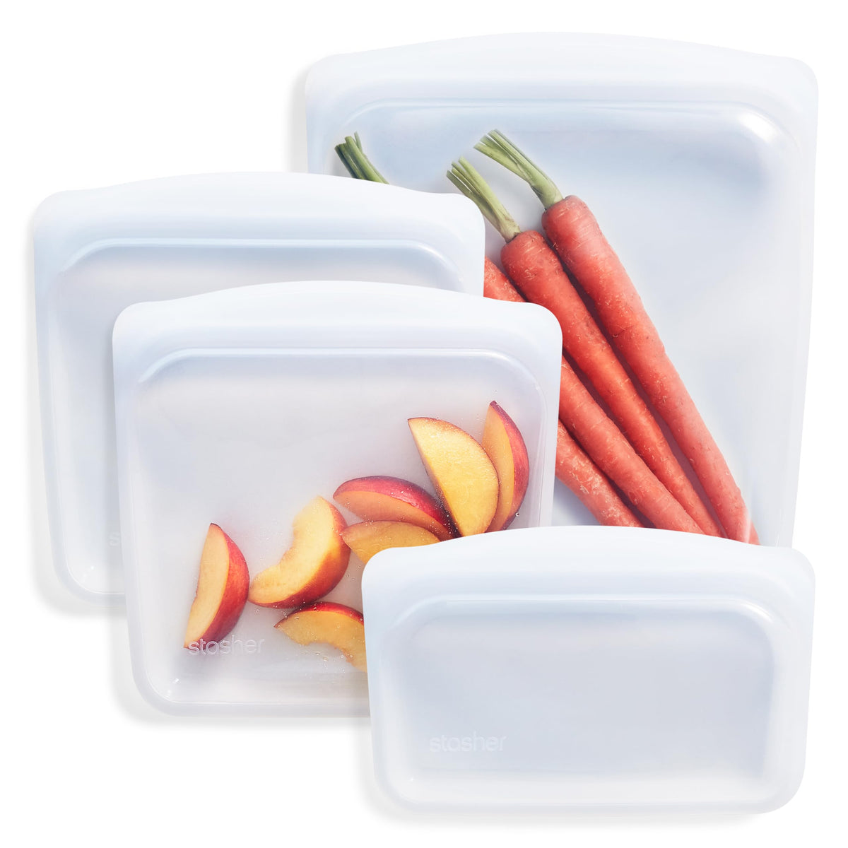 Stasher half-gallon bag in clear silicone for bulk storage.