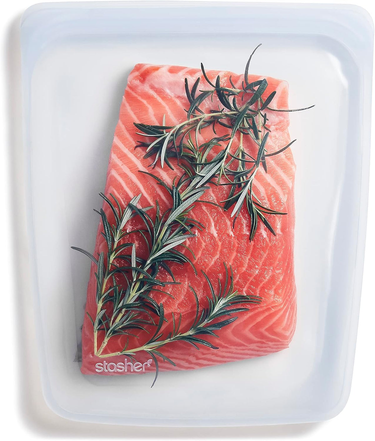 Stasher half-gallon bag closed for airtight leftovers storage.