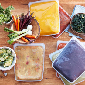 Stasher half-gallon bag open ready for meal prep and portioning.