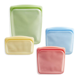 Stasher half gallon green bag showing leak-free Pinch-Loc seal for secure fridge storage