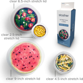 Stasher lids cover a 4.5-inch bowl, preserving freshness with a clear view.